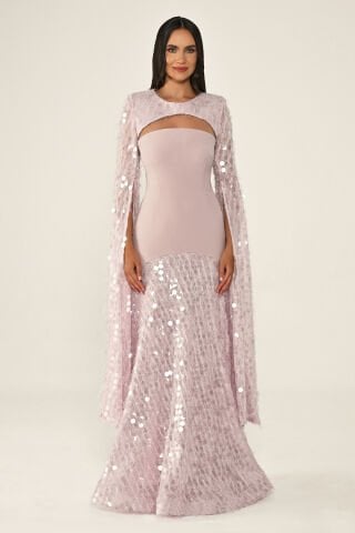 Şal Kol Payetli Pullu Üstü Krep Uzun Elbise