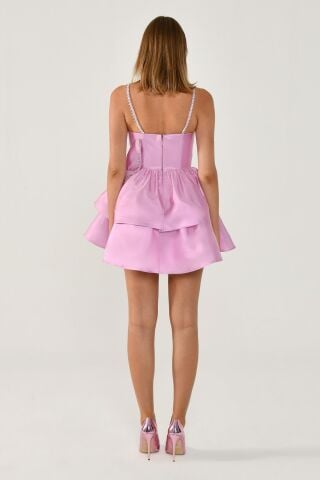 Askılı Şerit Taş Aksesuarlı Fiyonklu Tafta Kısa Elbise Pembe - 40