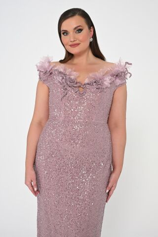 Çiçekli Kayık Yaka Payet Uzun Elbise Pudra - 42