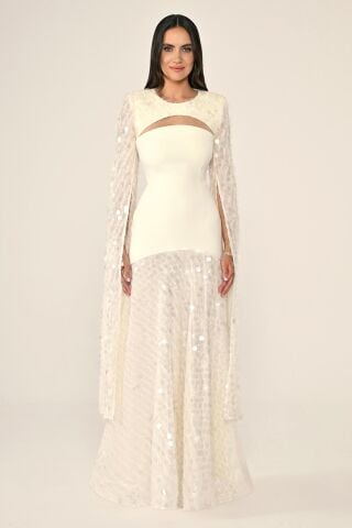 Şal Kol Payetli Pullu Üstü Krep Uzun Elbise