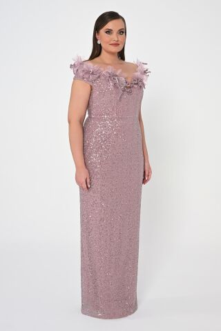 Çiçekli Kayık Yaka Payet Uzun Elbise Pudra - 46