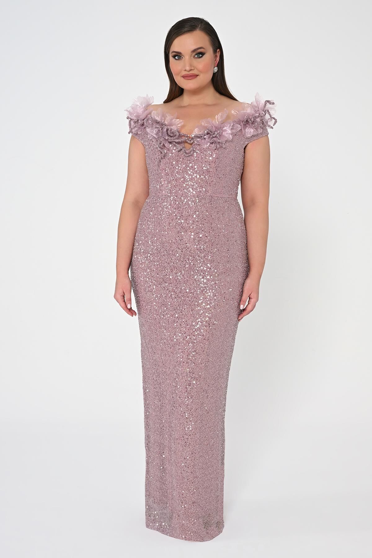 Çiçekli Kayık Yaka Payet Uzun Elbise Pudra - 46