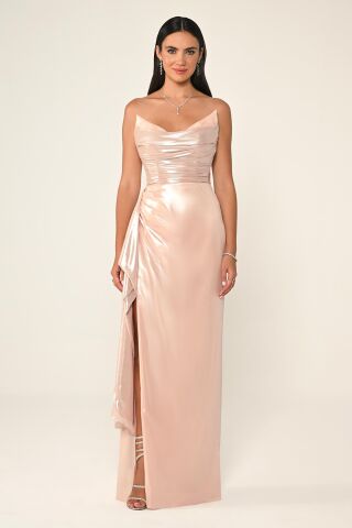 Straplez Parlak Kumaş Yandan Yırtmaçlı Uzun Elbise Pudra - 38