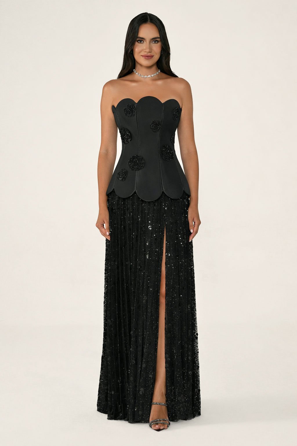 Straplez Korse Üst Etek Piliseli Payet Uzun Elbise