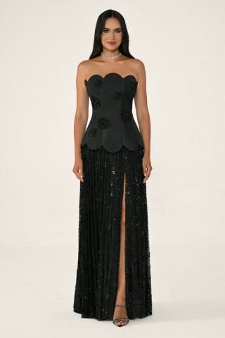 Straplez Korse Üst Etek Piliseli Payet Uzun Elbise