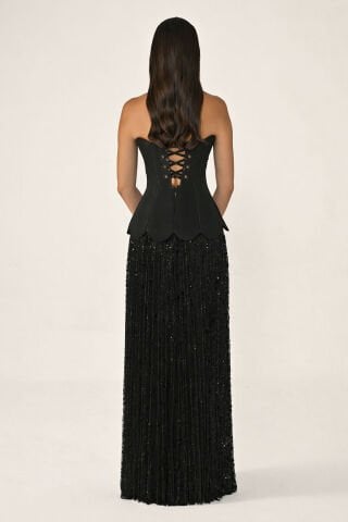 Straplez Korse Üst Etek Piliseli Payet Uzun Elbise