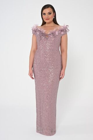 Çiçekli Kayık Yaka Payet Uzun Elbise Pudra - 48