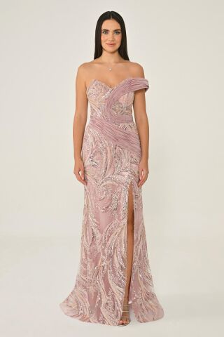 Tek Düşük Omuz Yandan Yırtmaçlı Payet Uzun Elbise Pembe - 40