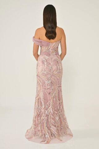 Tek Düşük Omuz Yandan Yırtmaçlı Payet Uzun Elbise Pembe - 40