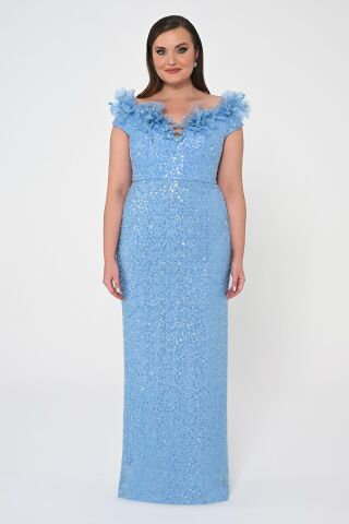 Çiçekli Kayık Yaka Payet Uzun Elbise MAVİ - 48