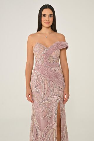 Tek Düşük Omuz Yandan Yırtmaçlı Payet Uzun Elbise Pembe - 42