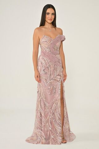 Tek Düşük Omuz Yandan Yırtmaçlı Payet Uzun Elbise Pembe - 42