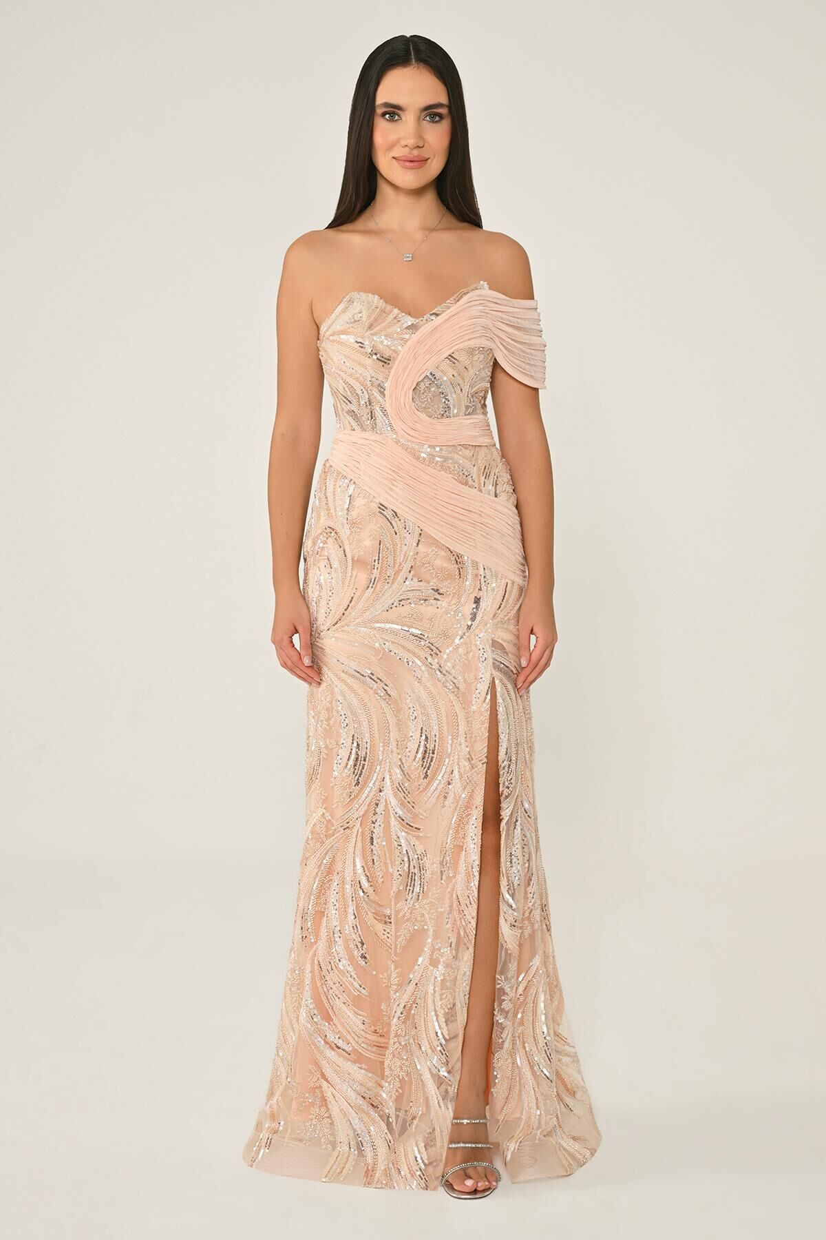 Tek Düşük Omuz Yandan Yırtmaçlı Payet Uzun Elbise SOMON - 38