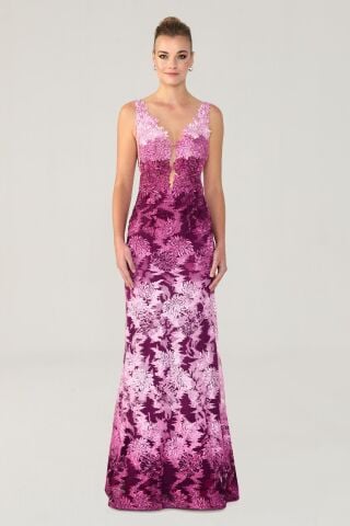 Göğüs Transparan Uzun Elbise Fuşya - 38