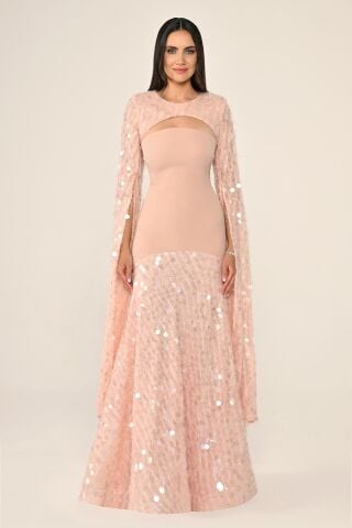 Şal Kol Payetli Pullu Üstü Krep Uzun Elbise SOMON - 36