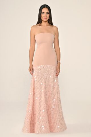 Şal Kol Payetli Pullu Üstü Krep Uzun Elbise SOMON - 36