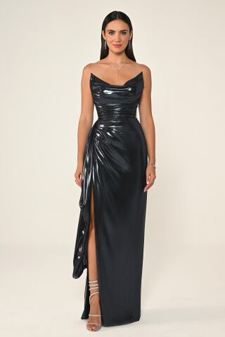 Straplez Parlak Kumaş Yandan Yırtmaçlı Uzun Elbise SİYAH / MAVİ - 40