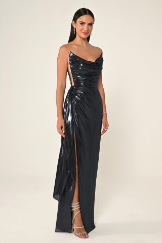 Straplez Parlak Kumaş Yandan Yırtmaçlı Uzun Elbise SİYAH / MAVİ - 40