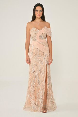 Tek Düşük Omuz Yandan Yırtmaçlı Payet Uzun Elbise SOMON - 40