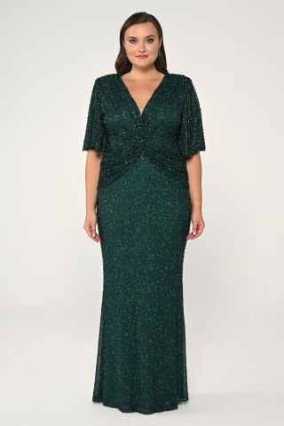 V Yaka Kısa Kollu Boncuklu Kumaş Uzun Elbise