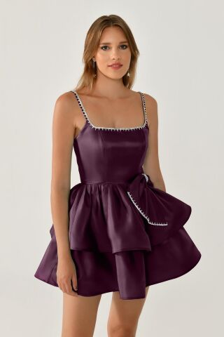 Askılı Şerit Taş Aksesuarlı Fiyonklu Tafta Kısa Elbise Mürdüm - 38