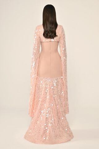 Şal Kol Payetli Pullu Üstü Krep Uzun Elbise SOMON - 38