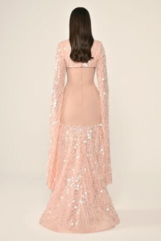 Şal Kol Payetli Pullu Üstü Krep Uzun Elbise SOMON - 38