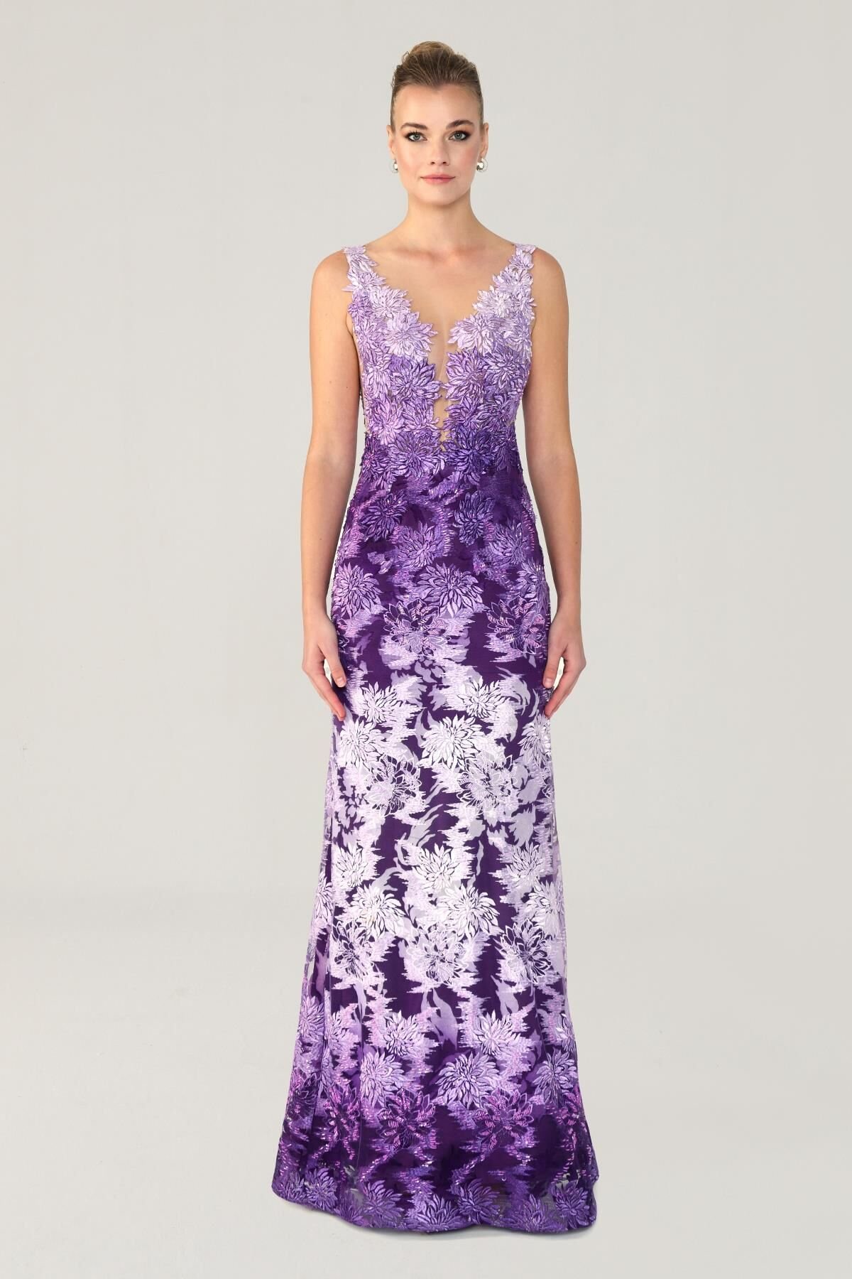 Göğüs Transparan Uzun Elbise Lila - 36