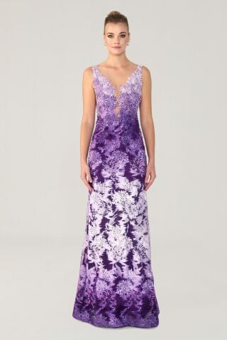 Göğüs Transparan Uzun Elbise Lila - 36