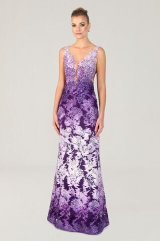 Göğüs Transparan Uzun Elbise Lila - 36