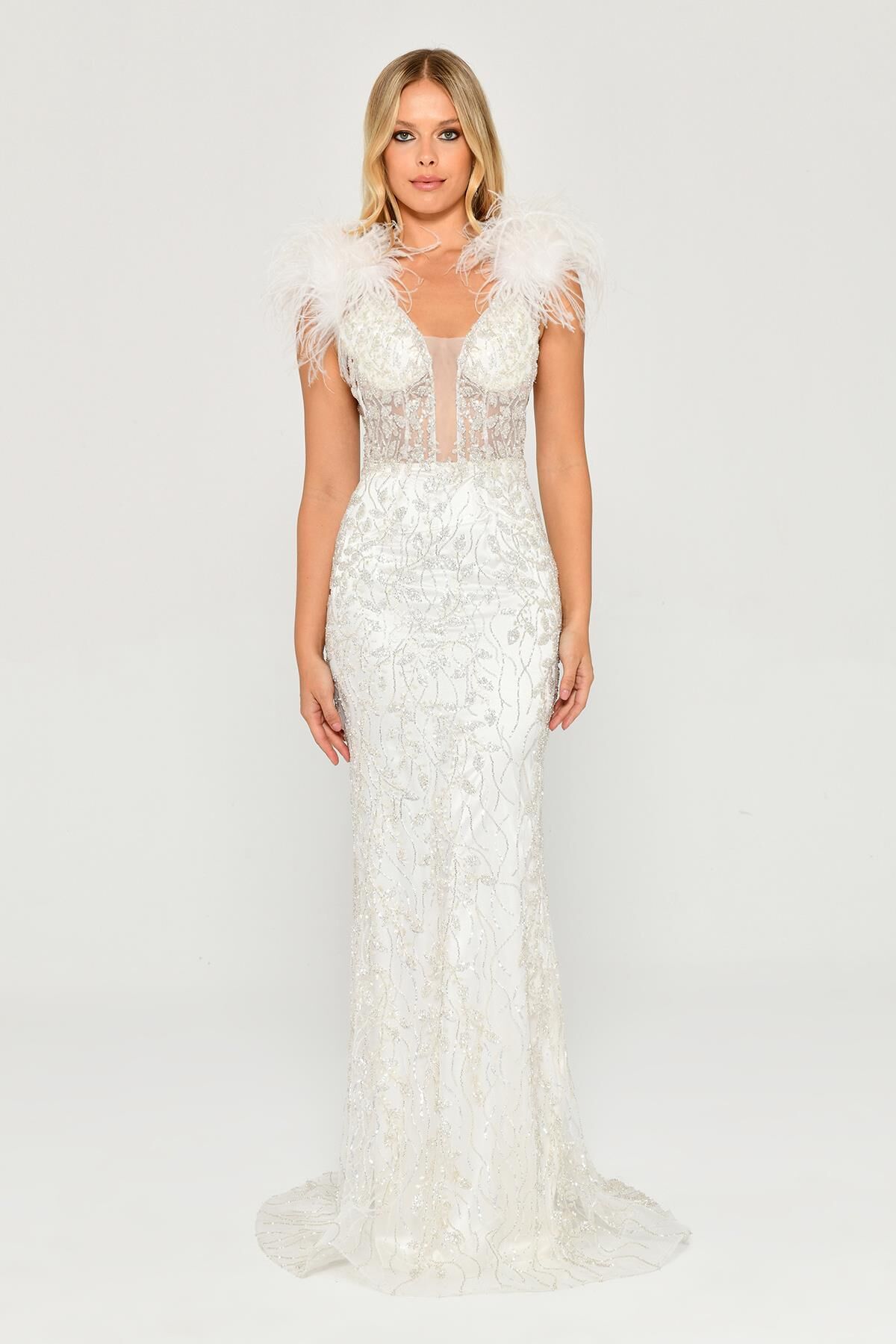 Omzu Otrişli Taşlı Uzun Elbise Beyaz - 38