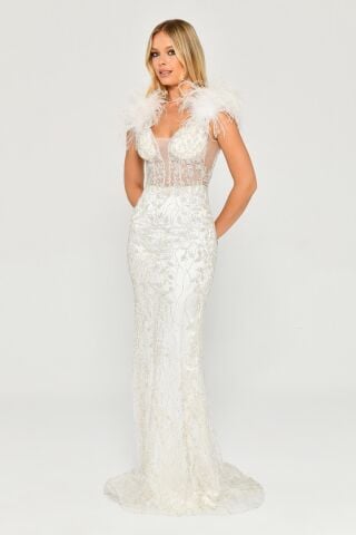 Omzu Otrişli Taşlı Uzun Elbise Beyaz - 38