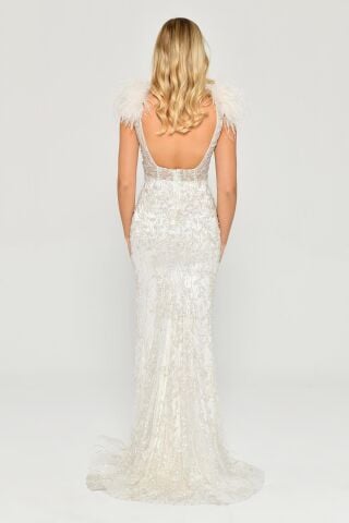 Omzu Otrişli Taşlı Uzun Elbise Beyaz - 38