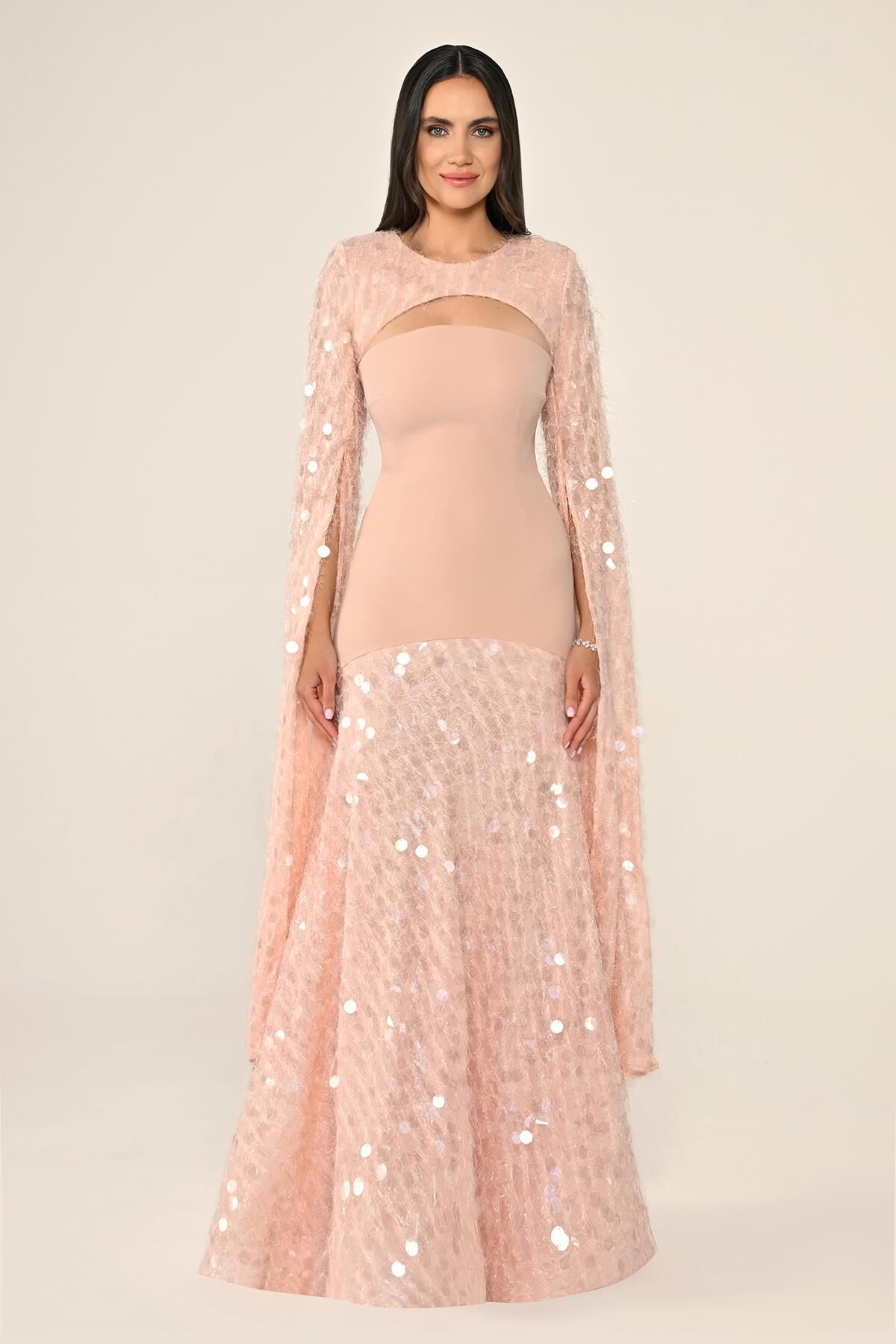 Şal Kol Payetli Pullu Üstü Krep Uzun Elbise SOMON - 40