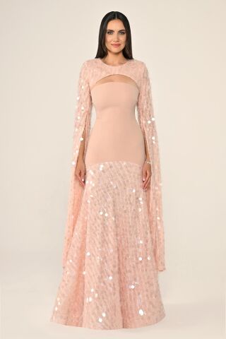 Şal Kol Payetli Pullu Üstü Krep Uzun Elbise SOMON - 40