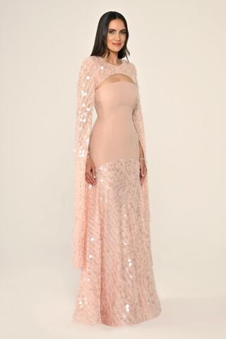Şal Kol Payetli Pullu Üstü Krep Uzun Elbise SOMON - 40