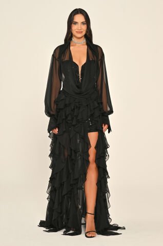 Uzun Kollu İçi Payet Eteği Fırfırlı Şifon Uzun Elbise