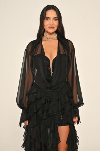 Uzun Kollu İçi Payet Eteği Fırfırlı Şifon Uzun Elbise