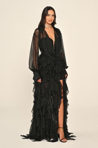 Uzun Kollu İçi Payet Eteği Fırfırlı Şifon Uzun Elbise