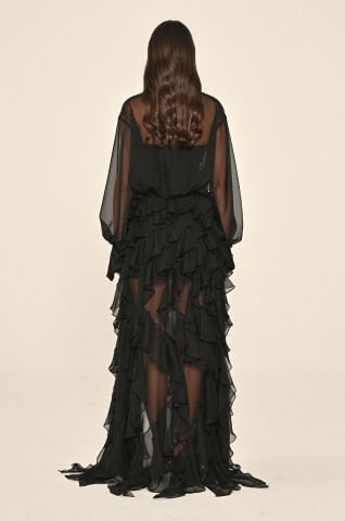 Uzun Kollu İçi Payet Eteği Fırfırlı Şifon Uzun Elbise