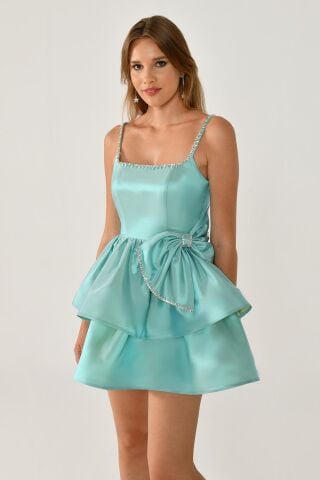 Askılı Şerit Taş Aksesuarlı Fiyonklu Tafta Kısa Elbise MİNT - 36
