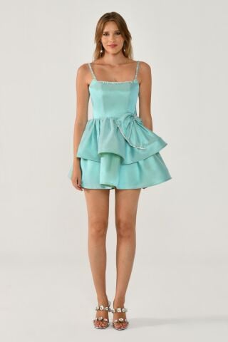 Askılı Şerit Taş Aksesuarlı Fiyonklu Tafta Kısa Elbise MİNT - 36