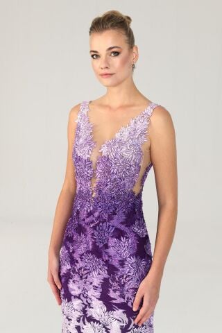 Göğüs Transparan Uzun Elbise Lila - 38