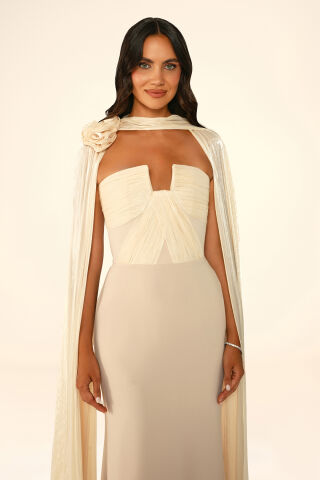 Straplez Drapeli İpek Şifon Şal Eteği Krep Uzun Elbise Bej - 44
