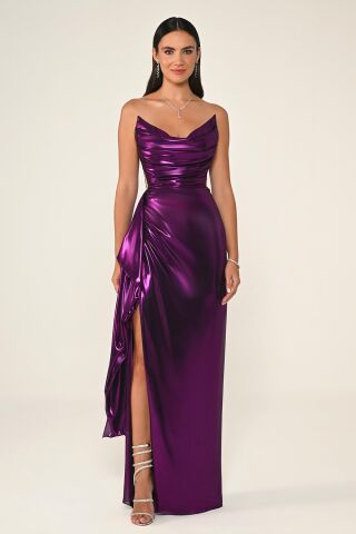 Straplez Parlak Kumaş Yandan Yırtmaçlı Uzun Elbise SİYAH / EFLATUN - 38