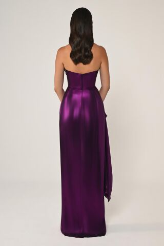 Straplez Parlak Kumaş Yandan Yırtmaçlı Uzun Elbise SİYAH / EFLATUN - 38