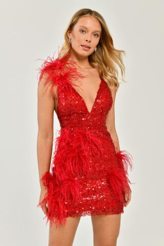 V Yaka Sırt İp Askılı Otrişli Payetli Kumaş Kısa Elbise Kırmızı - 40