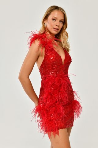 Kurzes Kleid mit V-Ausschnitt hinten, Seilträgern, plissiertem Paillettenstoff, Rot - 40