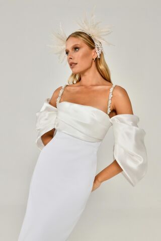 Askılı Düşük Balon Kol Yırtmaçlı Uzun Elbise Beyaz - 46