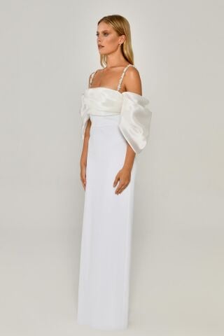 Askılı Düşük Balon Kol Yırtmaçlı Uzun Elbise Beyaz - 46